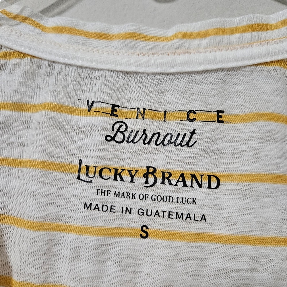 Lucky Brand Venice Burnout T-Shirt Womens Small Yellow White Striped V-Neck Tee - Picture 3 of 5